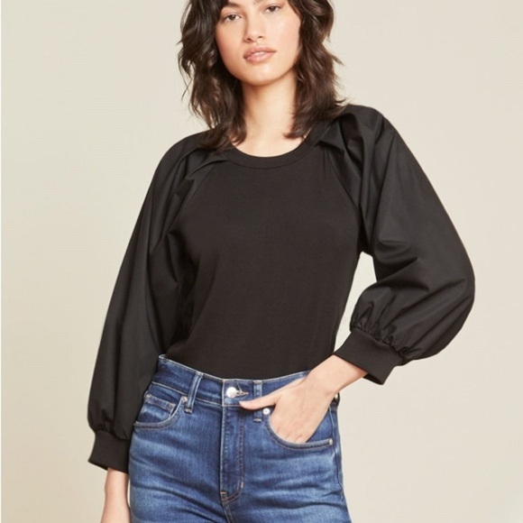 Veronica Beard Black Gibson Contemporary Ribbed Black Pleated Sleeve Blouse Top - Picture 1 of 9